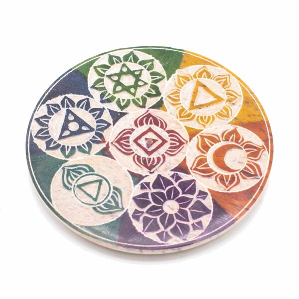 Porta Incienso de Cono – Disco de Esteatita 7 Chakras (10 cm) – Armonía Energética en Cada Rincón