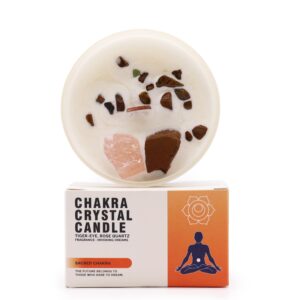 Vela Chakra Sacro con Ojo de Tigre y Cuarzo Rosa – Creatividad, Pasión y Equilibrio Emocional