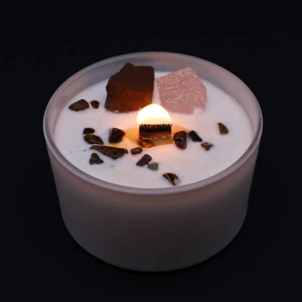 Vela Chakra Sacro con Ojo de Tigre y Cuarzo Rosa – Creatividad, Pasión y Equilibrio Emocional - Imagen 3