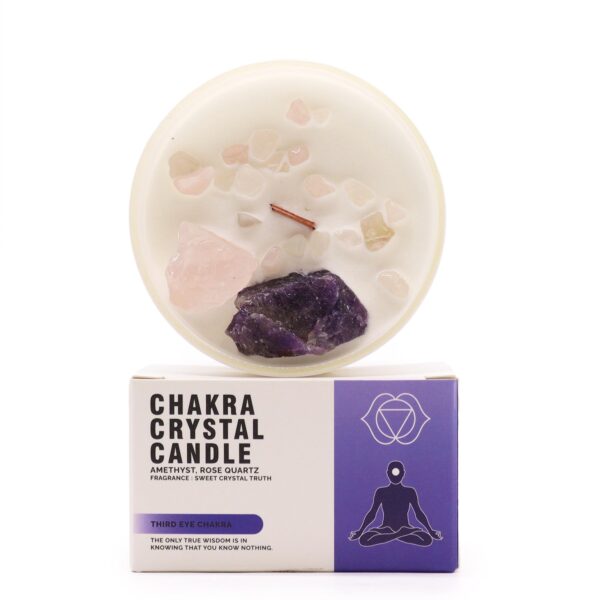 Vela Chakra Tercer Ojo con Amatista y Cuarzo Rosa – Intuición, Claridad Mental y Sabiduría Interior