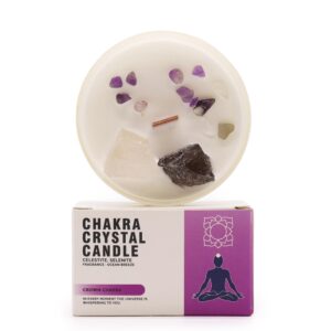 Vela Chakra Corona con Celestita, Selenita y Amatista – Conexión Espiritual, Paz Interior y Elevación Energética