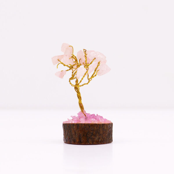 Mini Árbol de Cuarzo Rosa con Base de Madera – 15 Piedras Naturales
